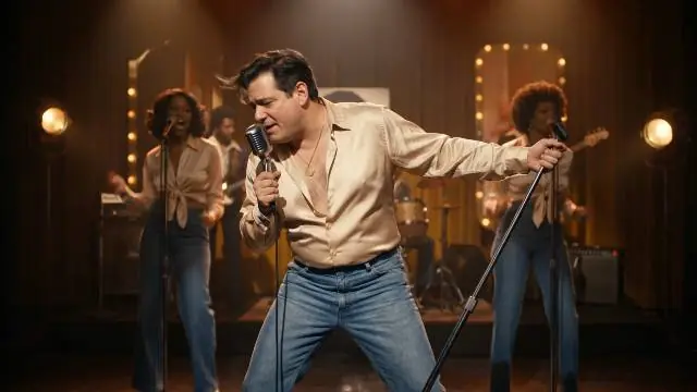 Imagen de muestra: protagonista cantando con micrófono en un escenario retro